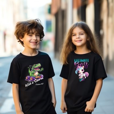 Cute sibling or friend, boy and girl wearing blank empty black tshirt mockup for design template