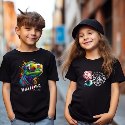 Cute sibling or friend, boy and girl wearing blank empty black tshirt mockup for design template