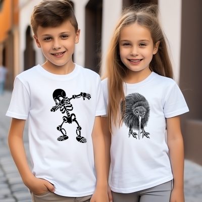 Cute sibling or friend, boy and girl wearing blank empty white tshirt mockup for design template