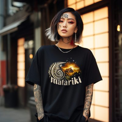 an asian girl with tattoos wearing a black oversized loose and boxy street wear t-shirt, oversized t-shirt mockup